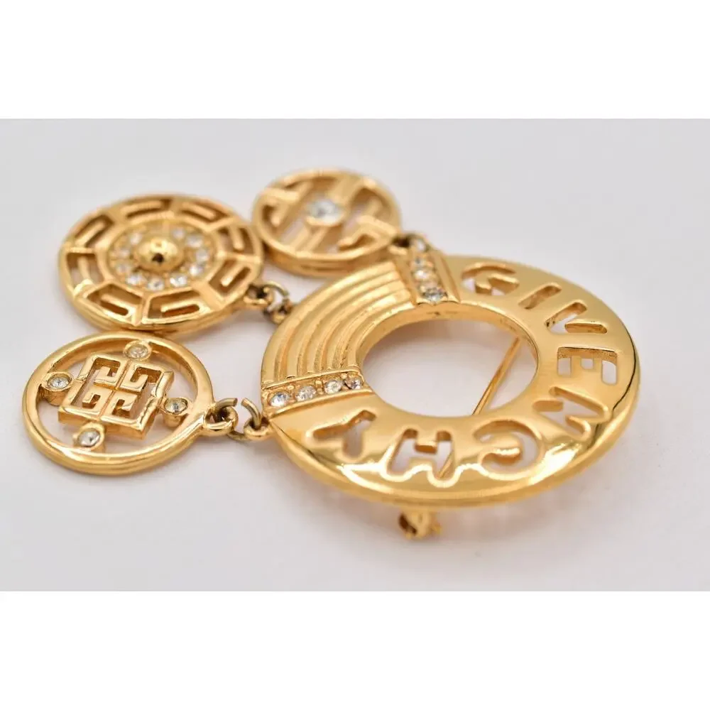 Givenchy Vintage Logo Charm Brooch Gold Pin Dangle Crystal Statement 1980s Bin5B - Picture 6 of 12